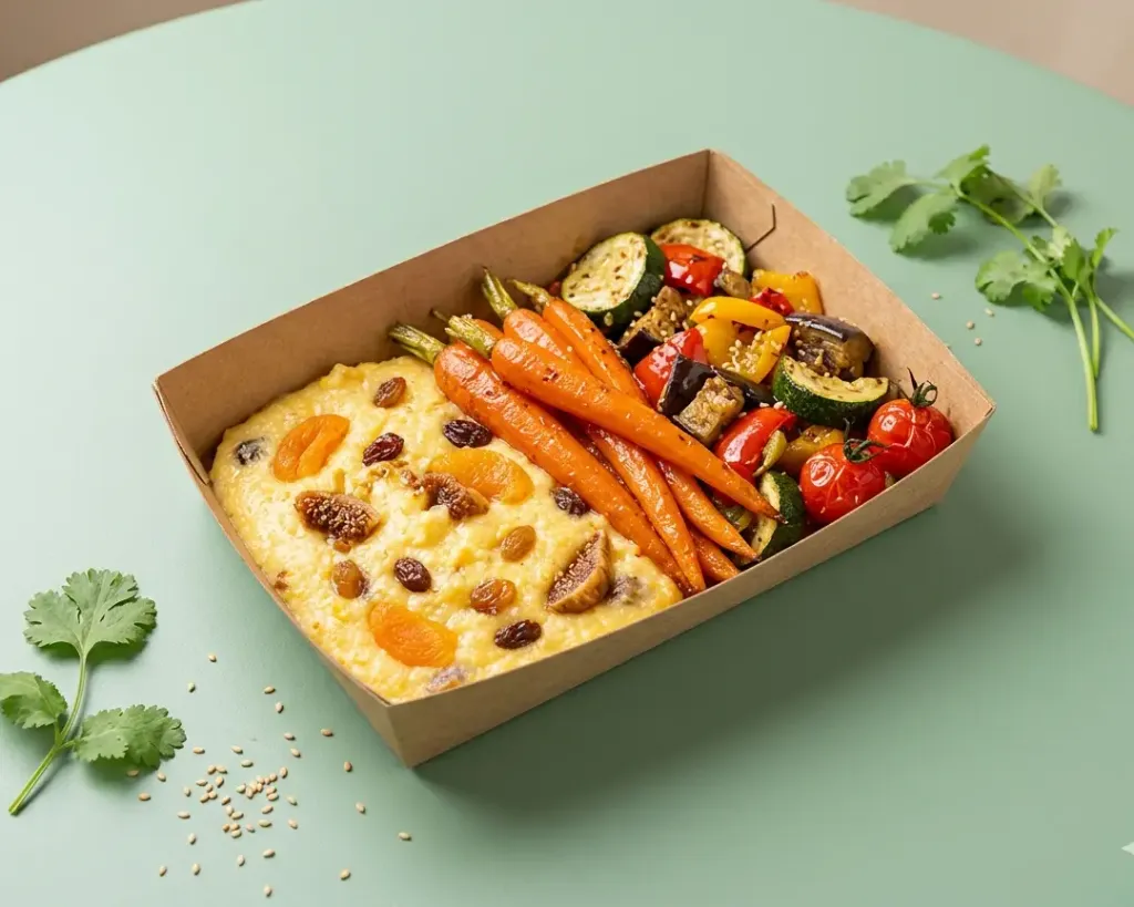 [7323] Confit végé aux carottes, polenta aux fruits secs et poélée de légumes du soleil
