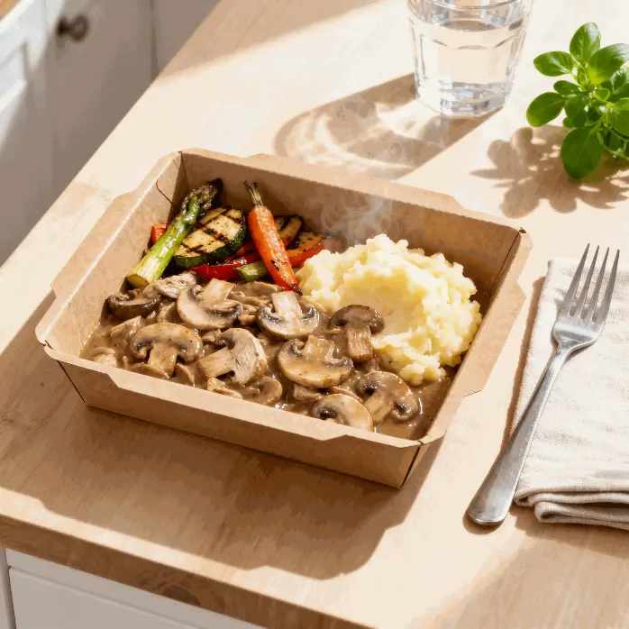 Émincé de dinde sauce champignon, puree de pomme de terre et legume grille