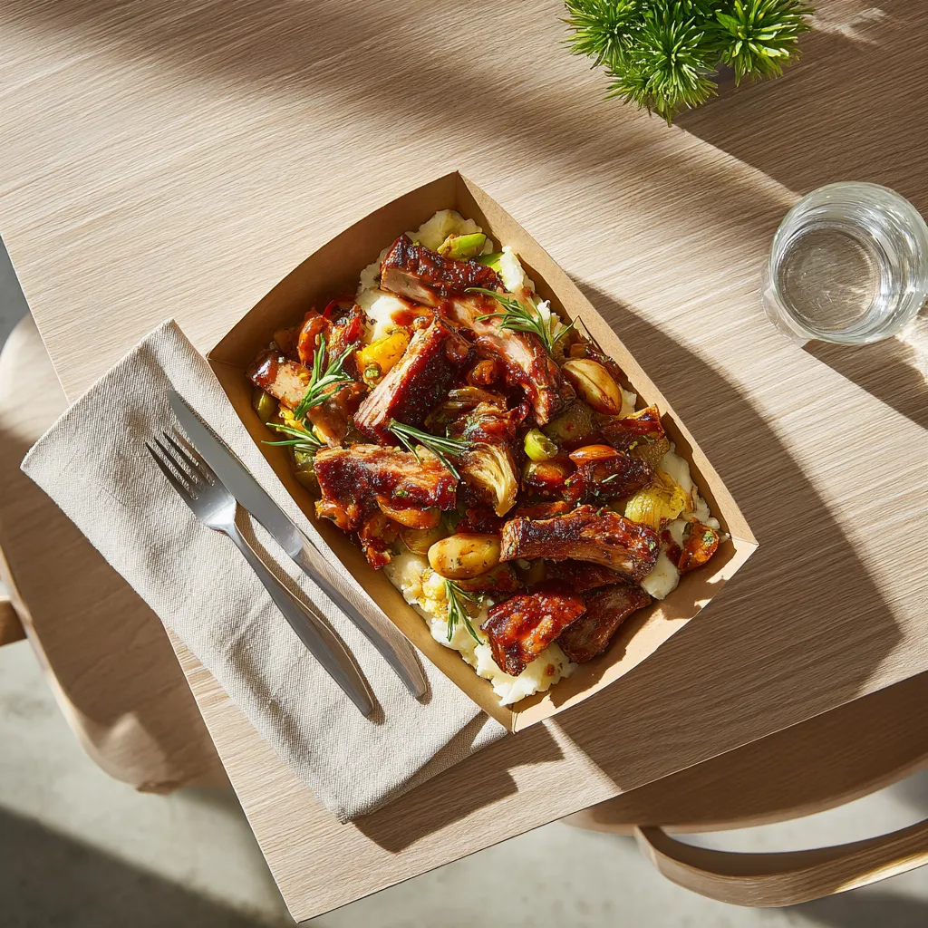 Emincé de porc façon Ribs à l'Américaine, sauté de légumes glacés et purée de pomme de terre
