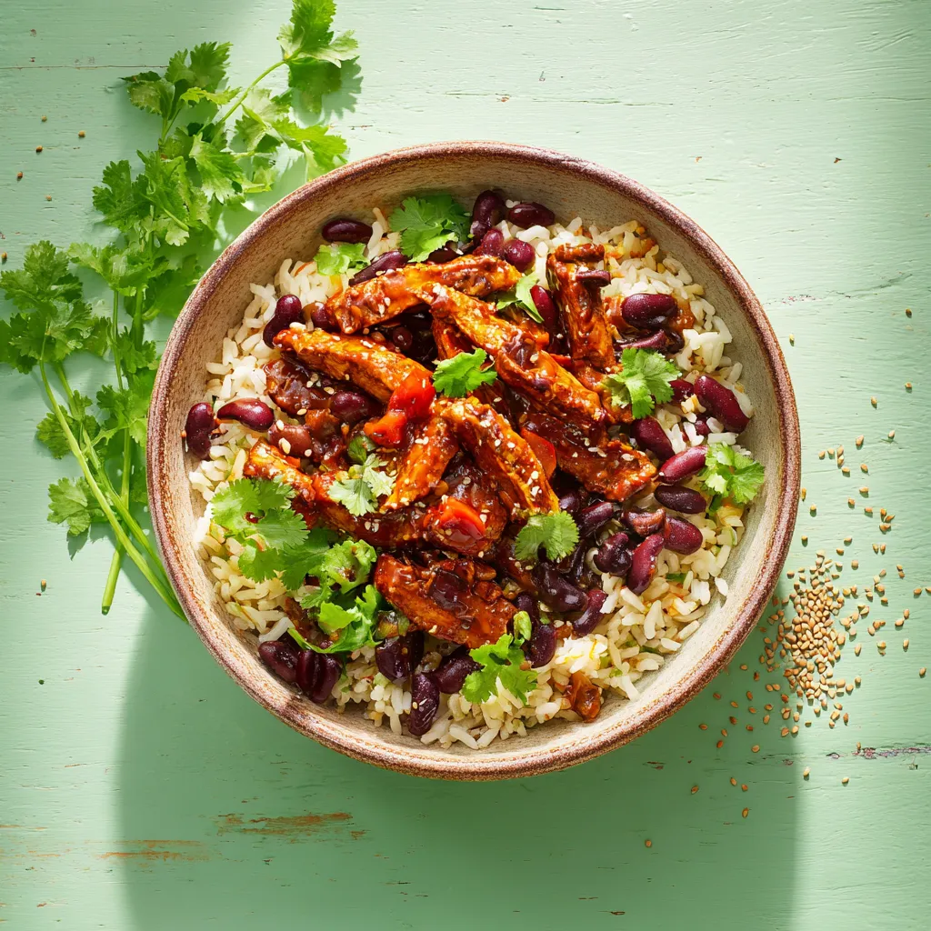emincé végé sauce méxicaine, riz pilaf au haricots rouges