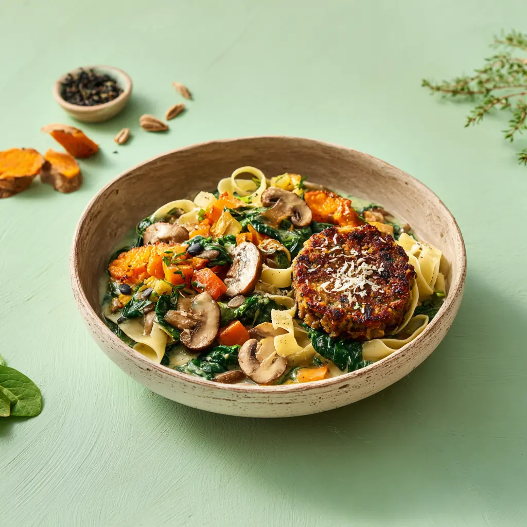 Emincé végétal au marsala, tagliatelles, fondue d'épinard et Parmesan