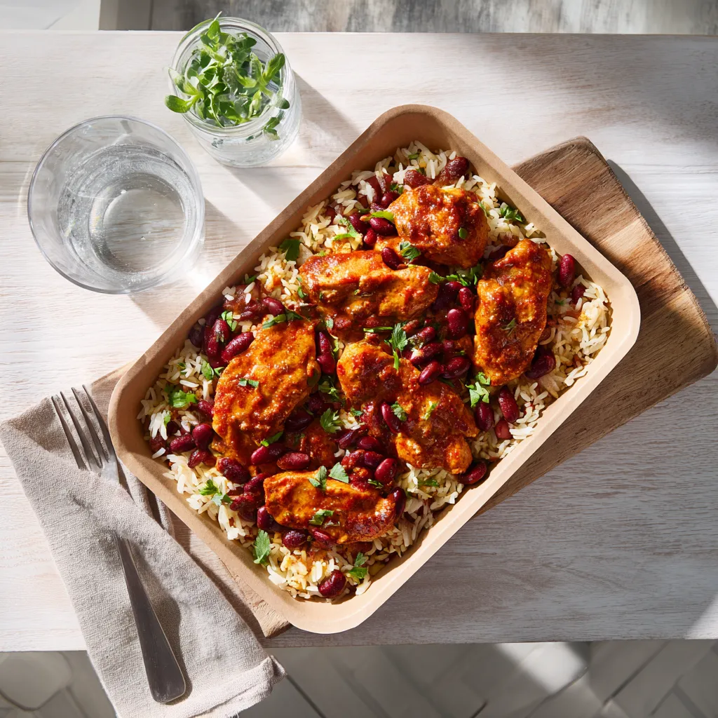 Filet de poulet à la mexicaine et riz pilaf au haricots rouges