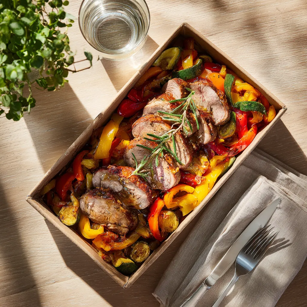 Filet mignon de porc à la provençale, piperade de légumes en timbale et poivrons confits