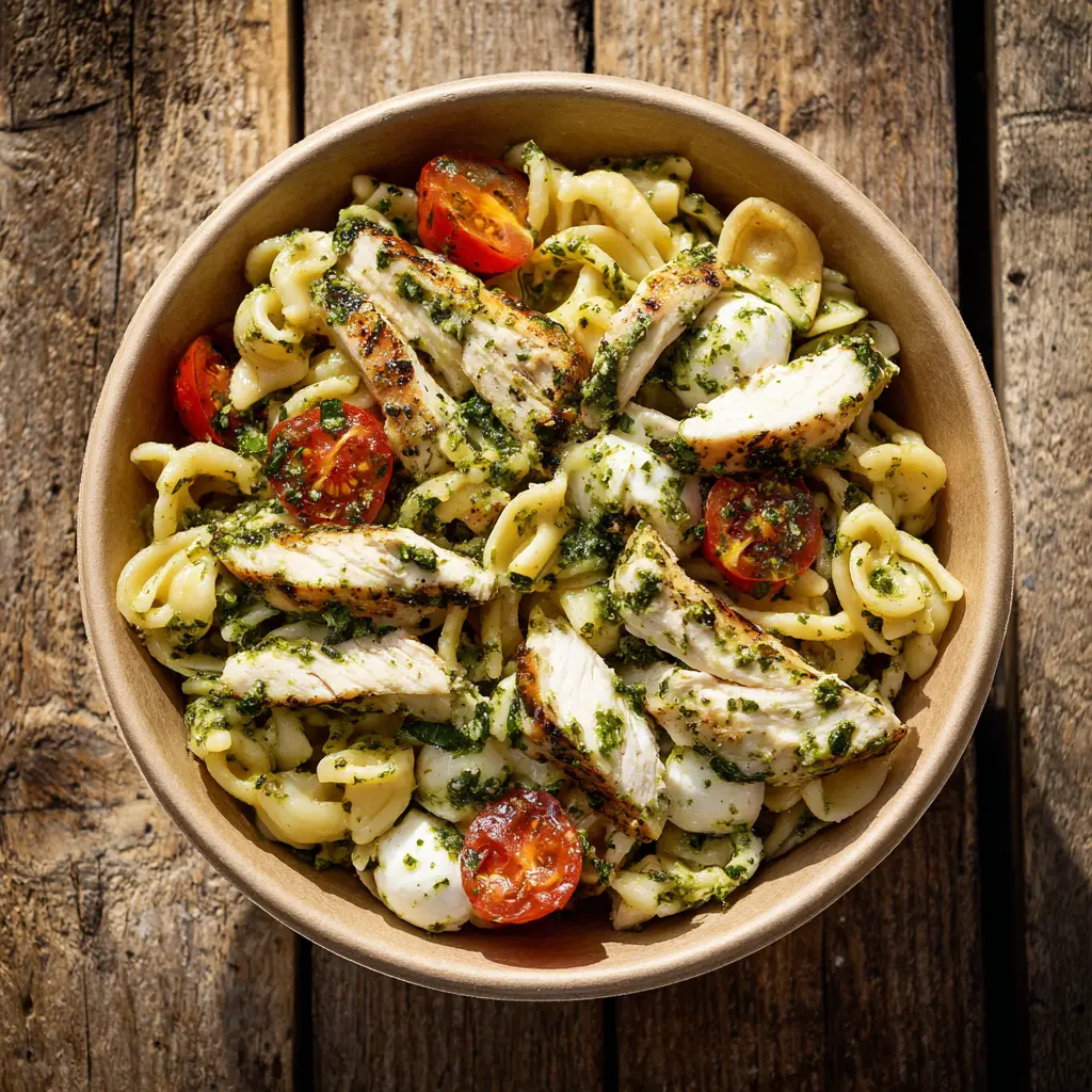 [5987] Fraich'Bol Estival (Mini Serpentini, poulet, tomates, tomates marinées, mozzarella), pesto verde