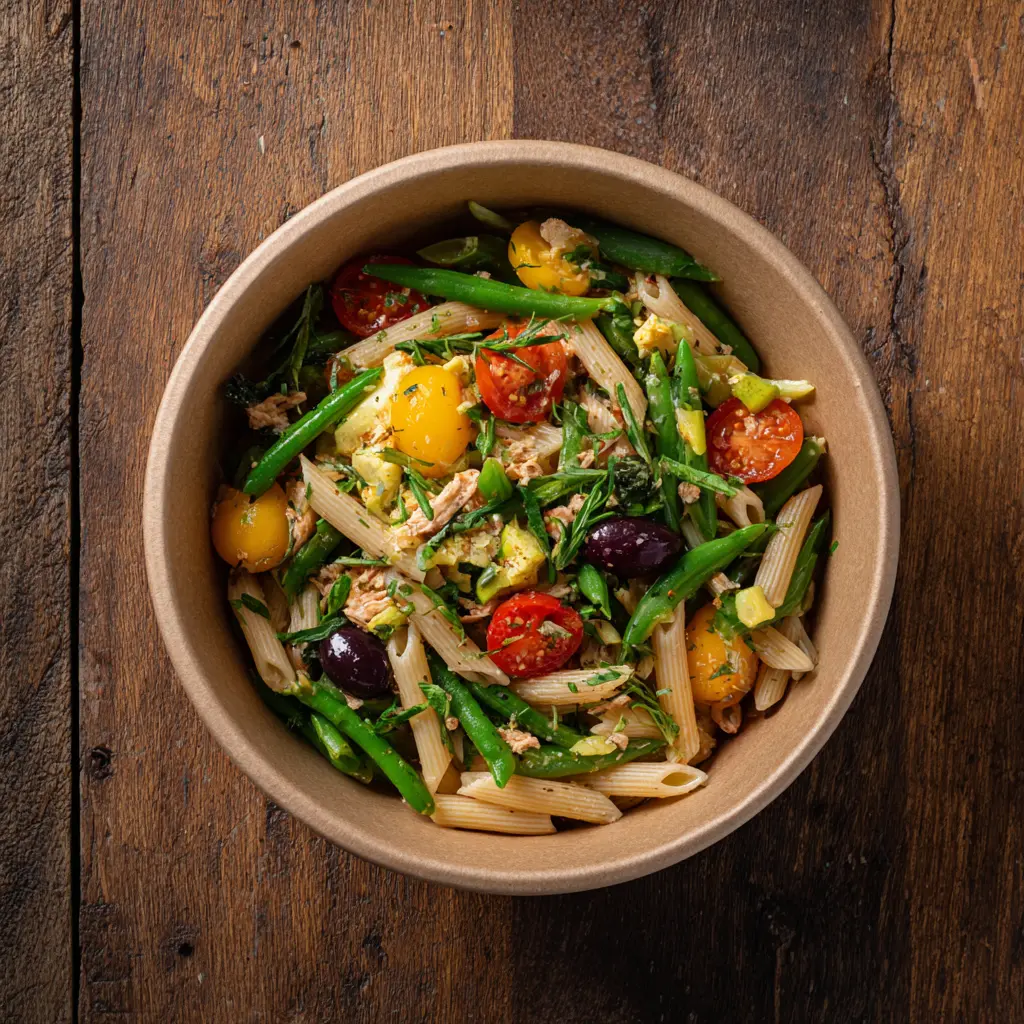 [5991] Fraich'Bol Niçois (Mini Penne, thon, œuf, haricots verts, tomates, salade, olives noires, câpres), vinaigrette olive