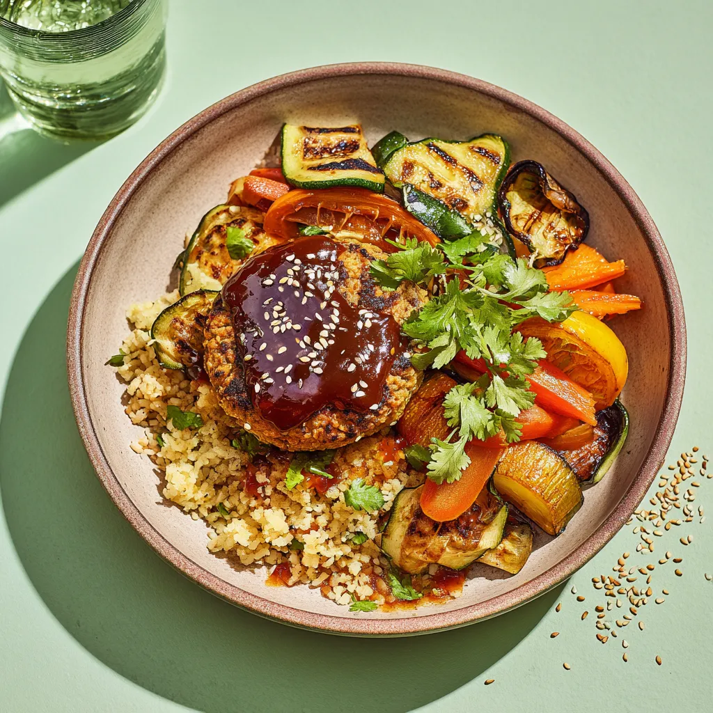Galette boulgour et lentilles corail sauce pain d'épices, carottes confites aux agrumes et riz pilaf