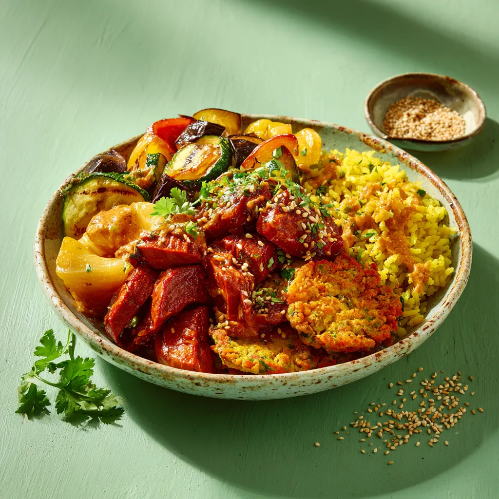 Galette de boulgour et lentilles corail à l'aneth, légumes et purée de carottes