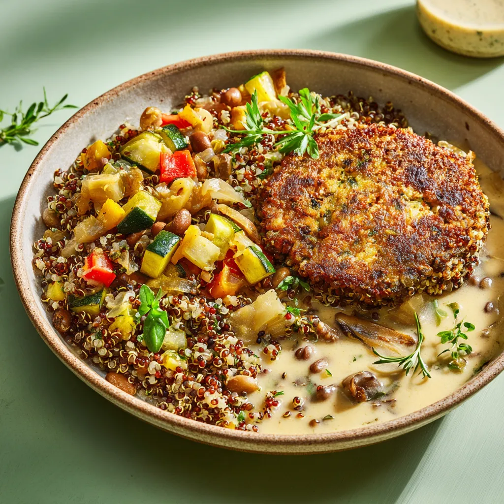 Galette de haricot azuki, quinoa,brunoise provencale et fondue de poireau