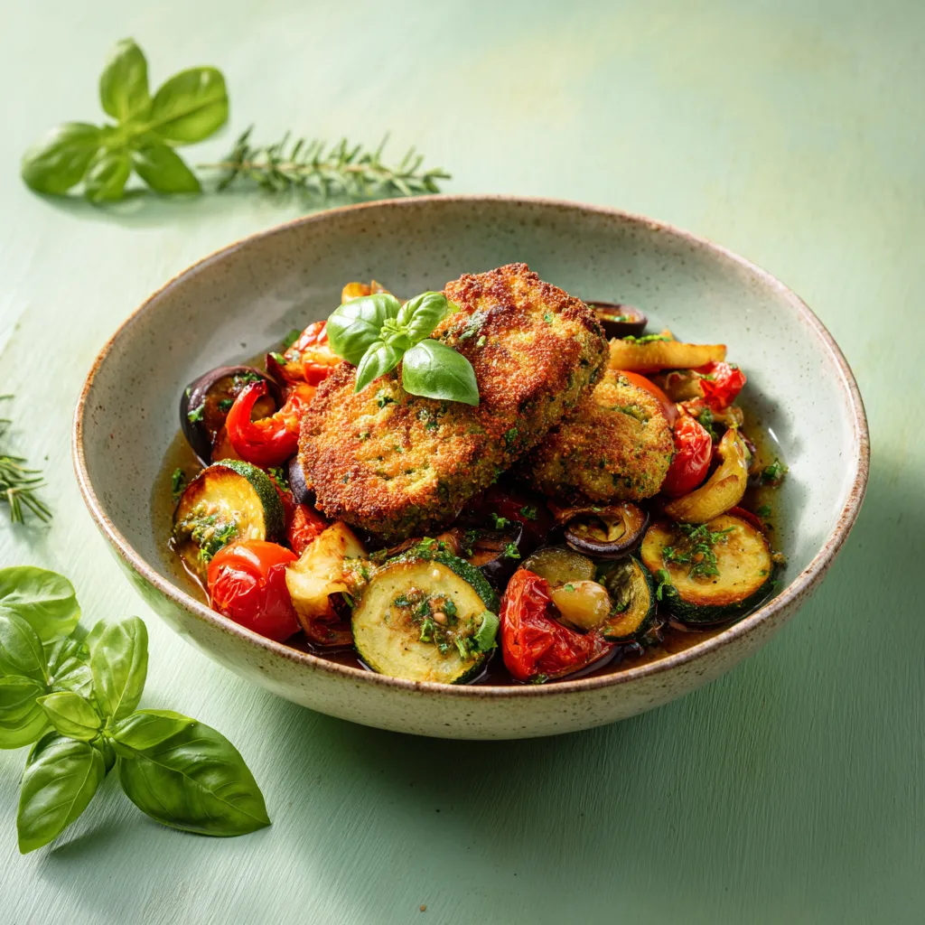 Pané végé au basilic et sa poelée de légumes provenceaux