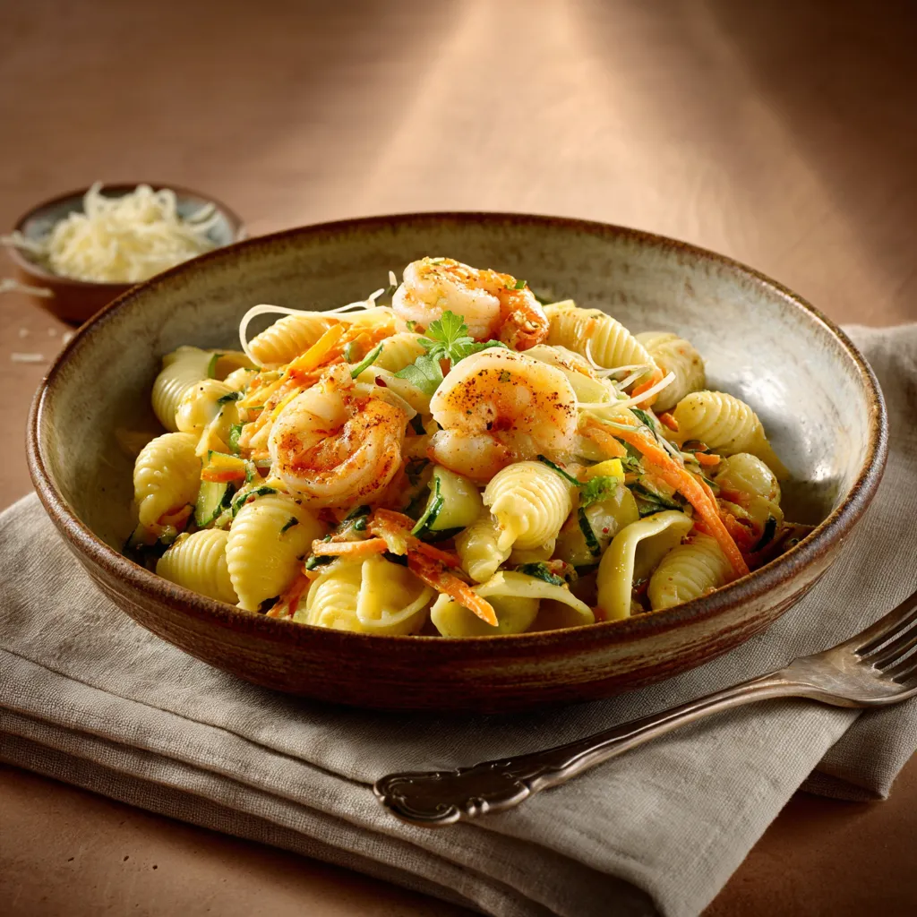 [7377] Pasta du jour conchigli aux crevettes cajun et julienne de légumes à l'étuvée