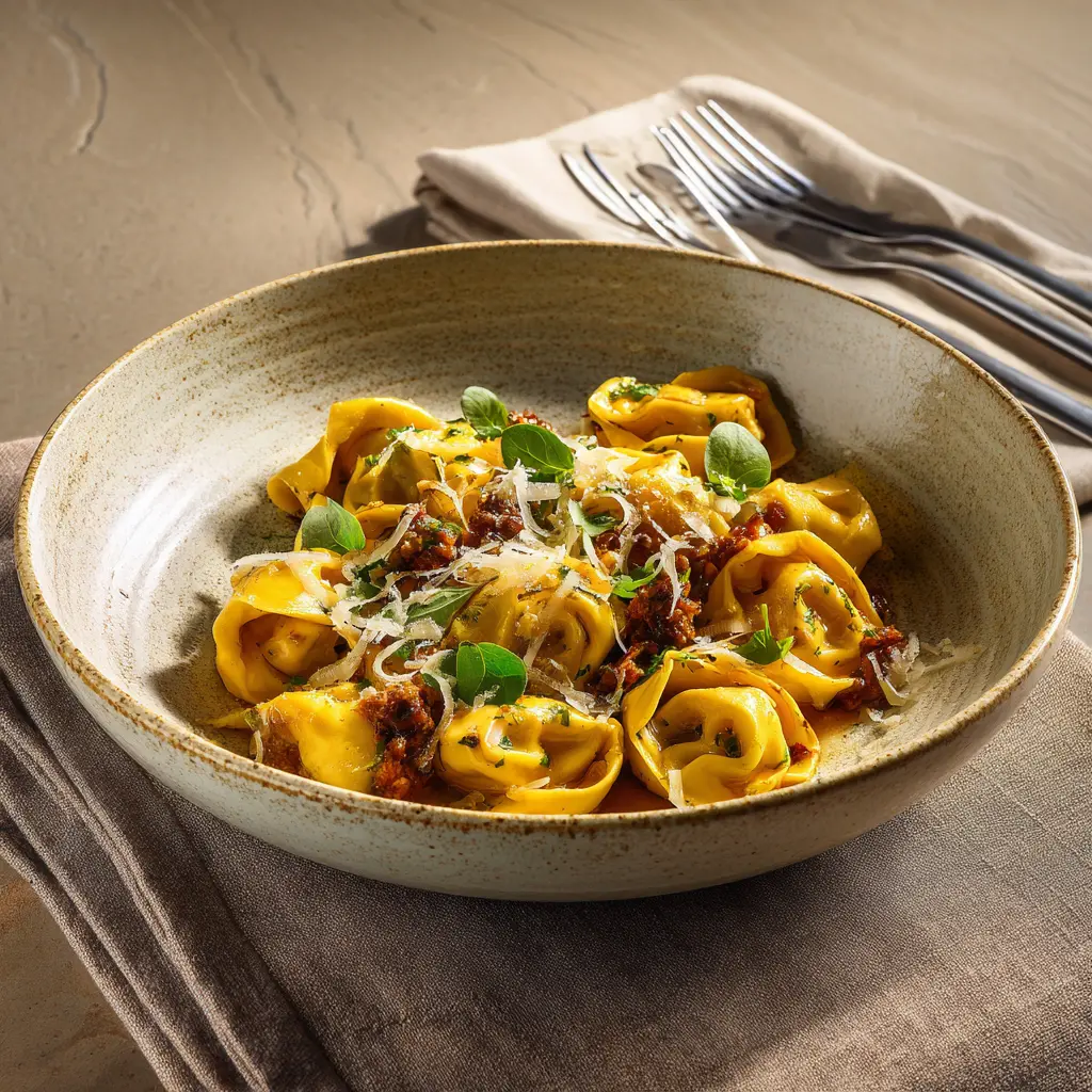 [4818] Pâtes du jour Tortelloni au boeuf, sauce Andalouse