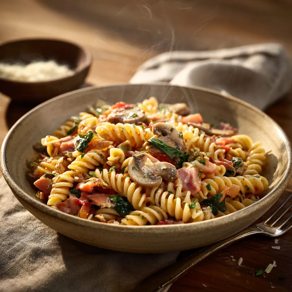 Pâtes Torti aux trois couleurs, sauce Madère aux champignons et jambon fumé