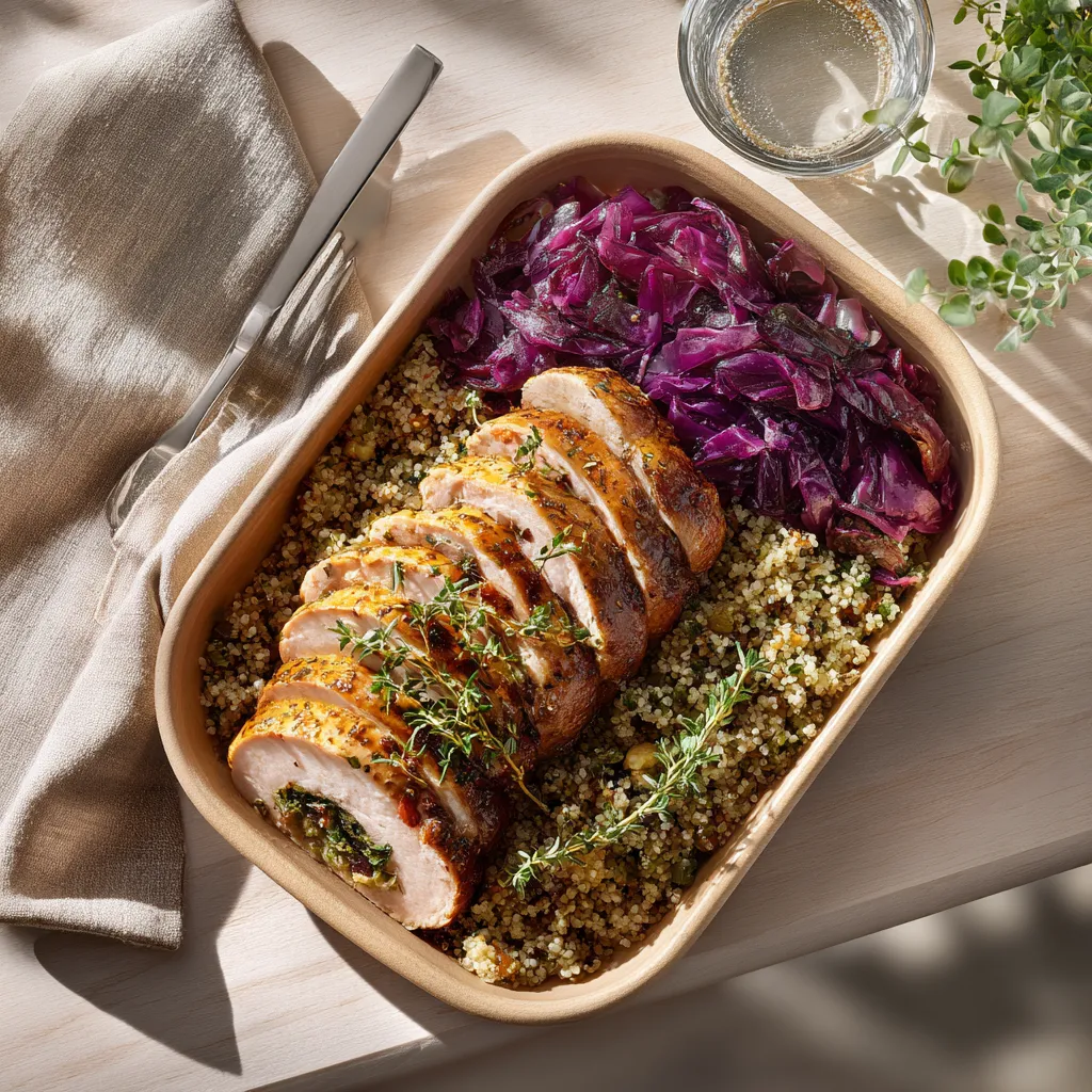 Paupiette de dinde aux olives, choux rouge confits quinoa