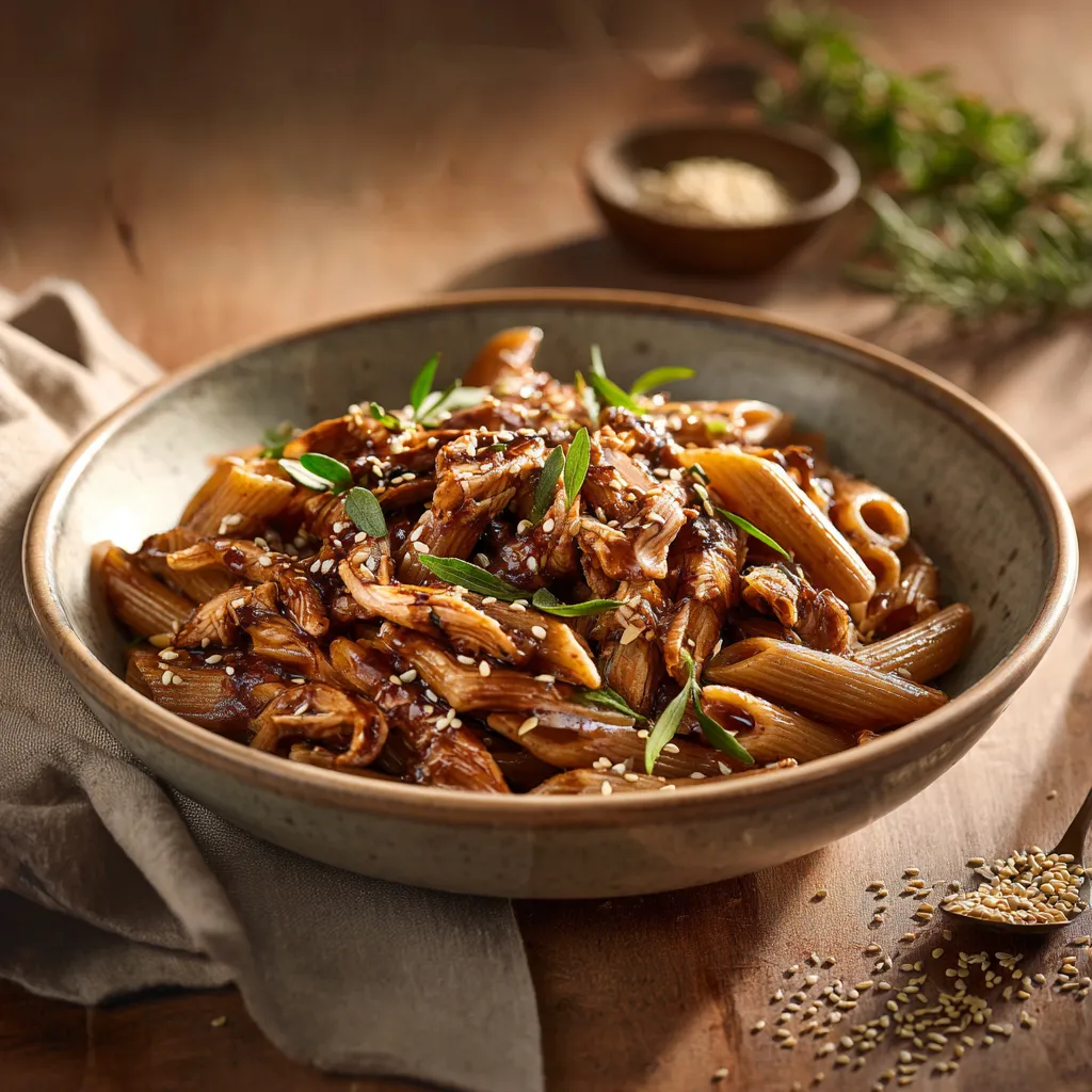 Penne à la farine de blé noir, dinde, miel et sésame