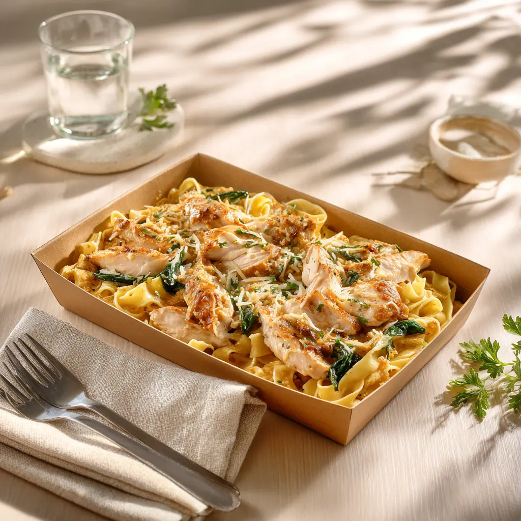 Piccata de poulet au Marsala, tagliatelles, fondue d'épinard et Parmesan