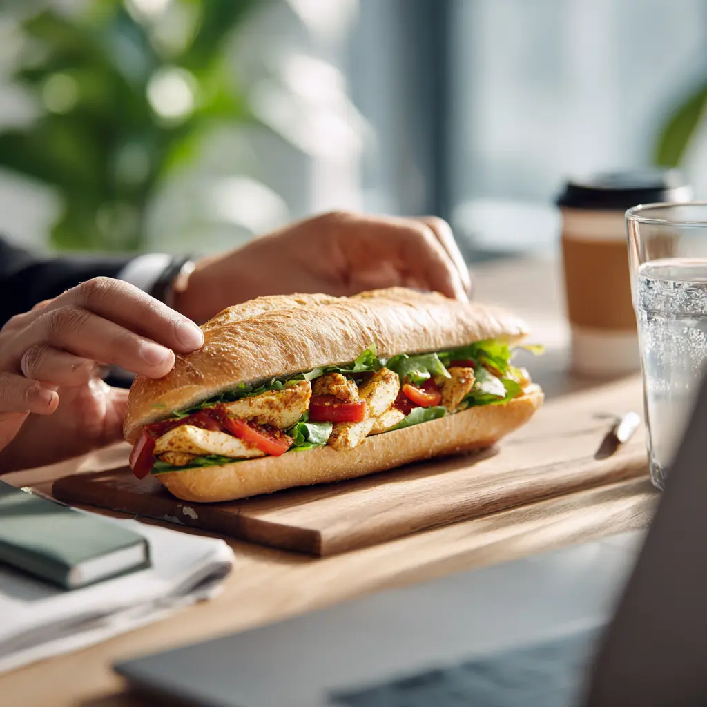 [7556] Pique -Mie "Bombay" (baguette tradition, poulet curry, tomates, salade)
