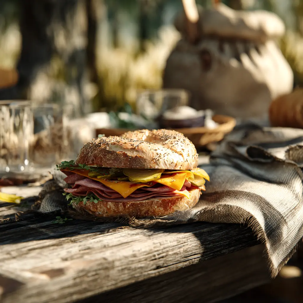 [6151] Pique -Mie "Le New Yorker" (bagel, pastrami, tomates,oeuf, salade, cheddar, cornichons américains, moutarde américaine)