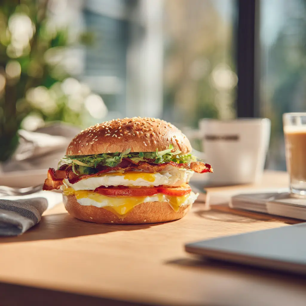 [7640] Pique -Mie British (pain sésame bacon œuf tomates salade cheddar sauce anglaise)