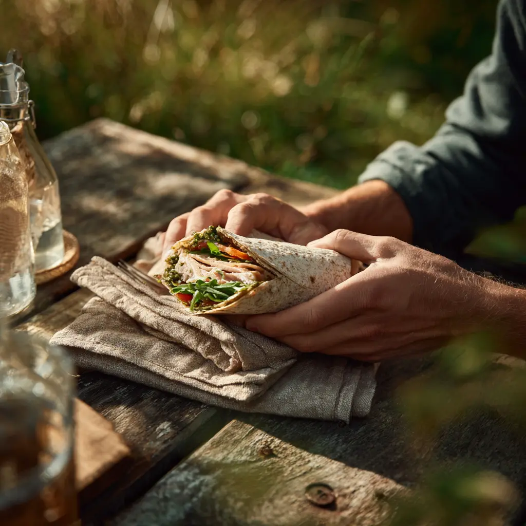 [7637] Pique -Mie Le Basilico (wrap, poulet, carottes rapées, tomates, salade pesto)