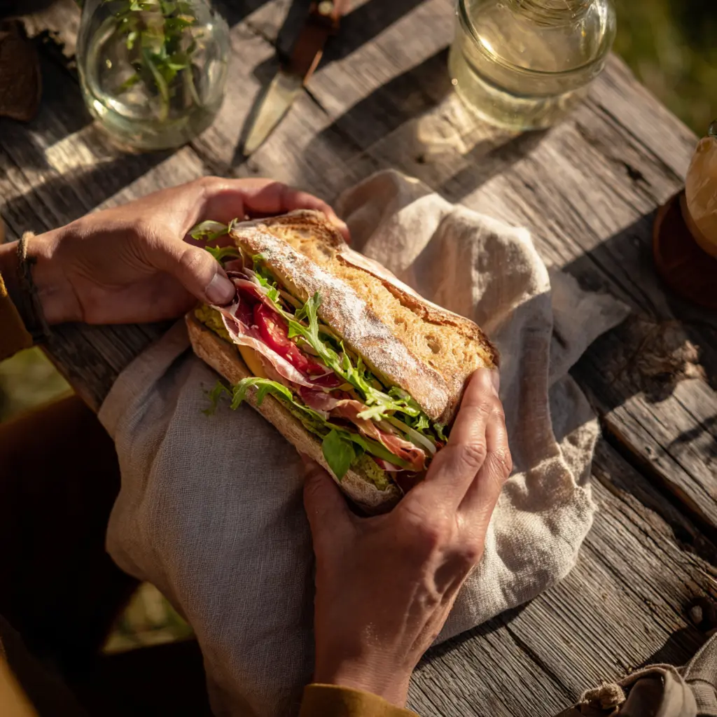 [7636] Pique -Mie Le Spain (Pain Pavot Sarrasin jambon Serrano tomate romaine et pesto rosso)