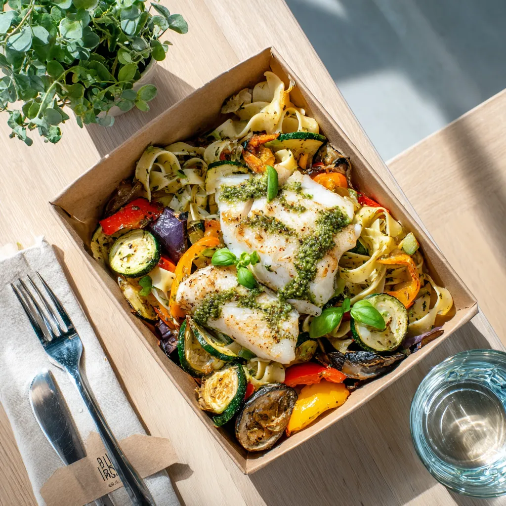 [3437] Poisson du jour ( colin )  fricassée de calamars aux petits légumes, Tagliolini à l'encre de seiche