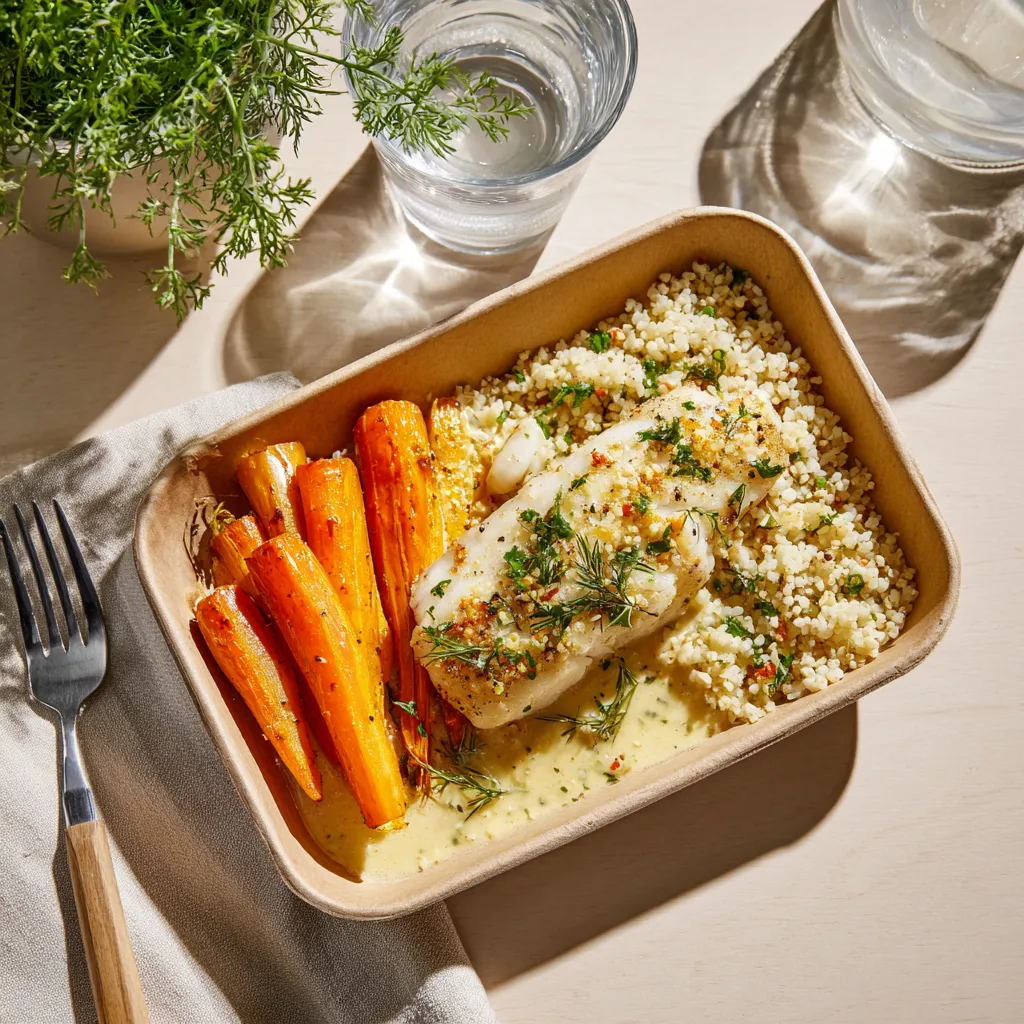 Poisson du jour (colin) poêlé et sa crème marinière, boulgour pilaf et carottes Vichy
