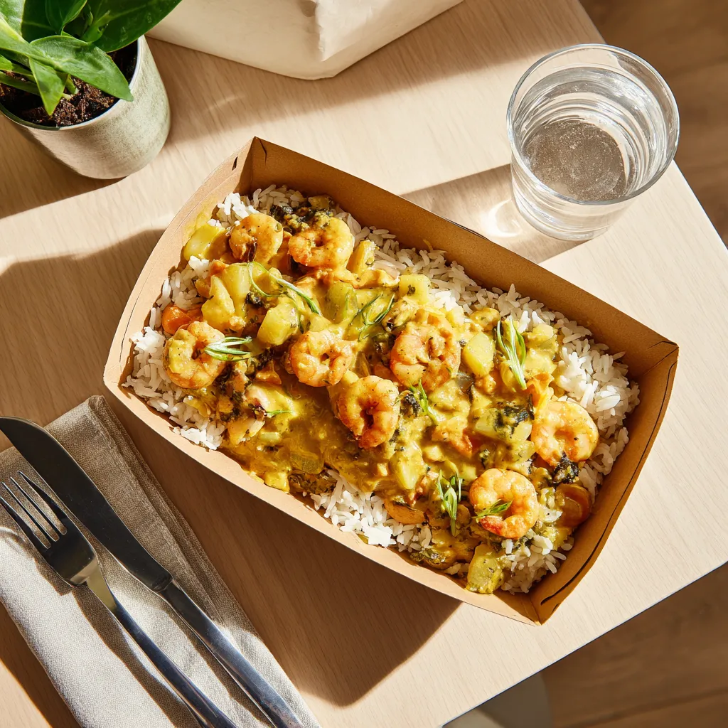 Poisson du jour (églefin) Curry et crevettes, riz basmati et fondue de poireaux