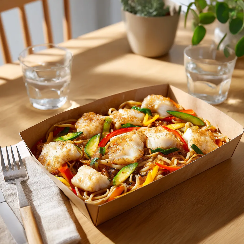 [4411] Poisson du jour (lieu noir) sauce asiatique, légumes wok et nouilles Chinoises