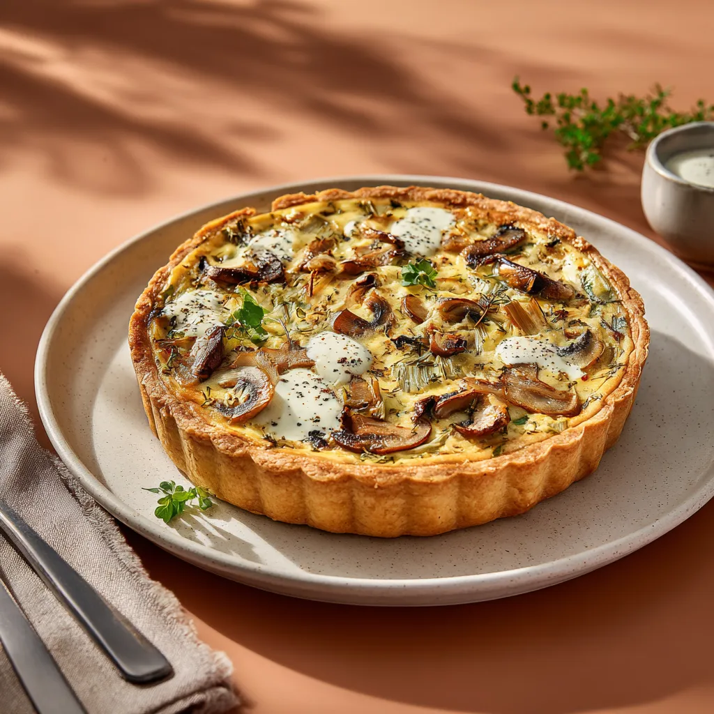 Quiche poireaux champignons, crème moutarde à l'ancienne