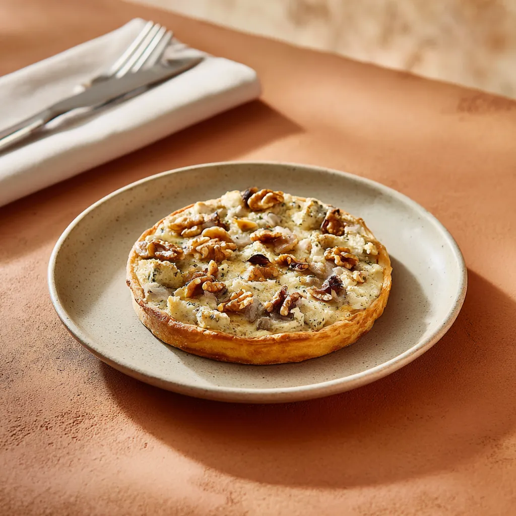 Tarte fine à la Fourme d'Ambert, duxelle de champignon et noix