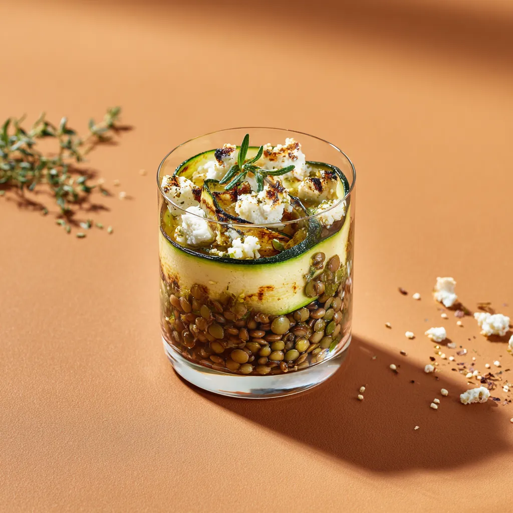 Verrine de lentilles, courgettes grillés et féta à l'uile d'olive