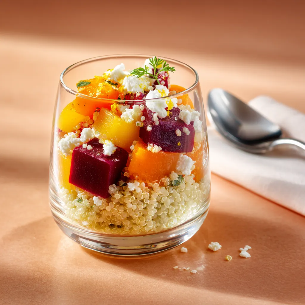 [7403] Verrine de quinoa à la betterave carotte feta herbes fraîches et vinaigrette gingembre et curcuma