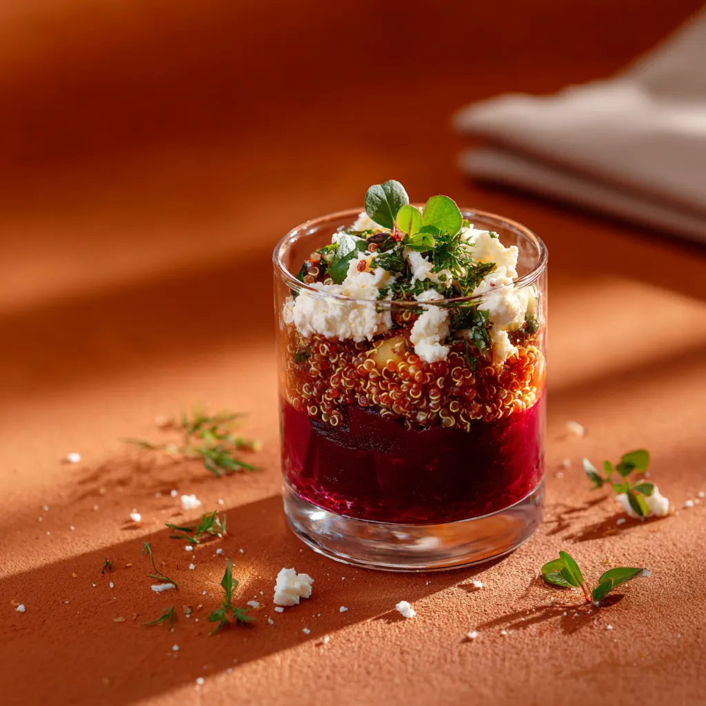 Verrine de quinoa à la betterave, feta, herbes fraîches et vinaigrette gingembre